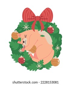 christmas cat in wreath icon isolated