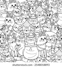 Christmas cats black and white seamless pattern. Festive winter feline characters background for coloring book. Vector illustration