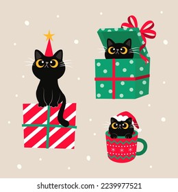 Christmas cats cartoon set vector illustration. Christmas pet in gift box