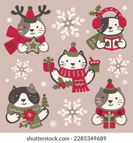 Christmas cats celebrate holidays with snowflakes set