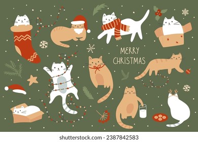 Christmas cats celebrating winter holiday set. Vector new year cute pets playing with Christmas decoration and wearing Santa Claus hat, scarf, garland. Funny kitty collection, isolated elements.