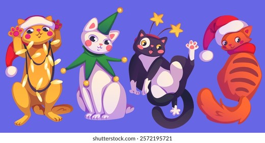 Christmas cats collection of festive felines - ginger kitten wrapped in lights, white pet in elf costume, black kitty with stars headband, red companion in Santa hat. Cartoon animals for holiday card.