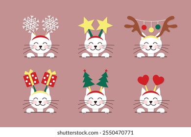 Christmas cats, cute kitty with festive headband, winter holiday decoration, set of vector design elements