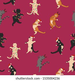 Christmas cats dance seamless pattern