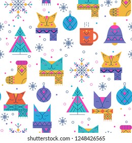 Christmas cats and decorations flat vector seamless pattern. Color background fill