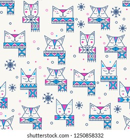 Christmas cats and decorations flat vector seamless pattern. Color background fill