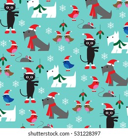 christmas cats and dogs pattern on blue