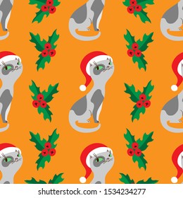Christmas cats in hats vector seamless pattern. Orange background.