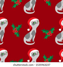 Christmas cats in hats vector seamless pattern. Red and green colors.