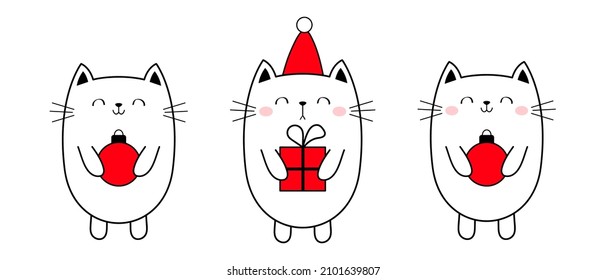 Christmas cats holding Xmas ball toy. Cute cartoon kawaii pet set. Merry Christmas Happy New Year. Santa Claus red hat. Doodle line kitten kitty. Line banner. Flat design. White background. Vector