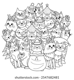 Christmas cats mandala for kids. Festive winter feline characters circle shape print for coloring page. Outline background. Vector illustration