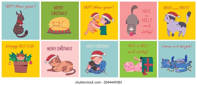 Christmas cats, Merry Christmas illustrations of boy and girl hugging cats, young person with pet portrait in flat cartoon style.