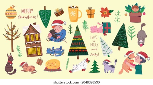 Christmas cats, Merry Christmas illustrations of boy and girl hugging cats, young persons, christmas tree, house, gifts in flat cartoon style.