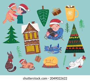 Christmas cats, Merry Christmas illustrations of boy and girl hugging cats, young persons, christmas tree, house, gifts in flat cartoon style.