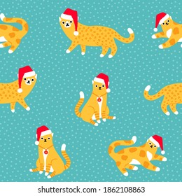 Christmas cats in Santa's hats seamless pattern. Funny yellow leopard, tiger or cheetah spotted cats in Santa hats on pastel blue polka dot background Holiday illustration.