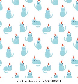 Christmas cats seamless pattern. Blue cute cats in red Christmas hats on white background