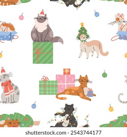 Christmas cats seamless pattern. Cat wear red Santa hat, play with garland and sitting in gift box. Winter holiday print design, vector background