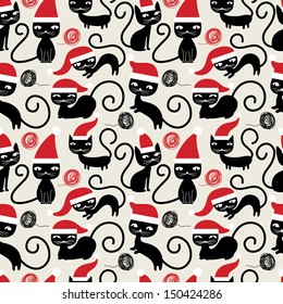 Christmas cats seamless pattern. Cute funny seamless pattern with cats in christmas hats