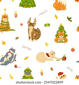 Christmas cats seamless pattern. Funny kittens wearing reindeer antlers, playing with tinsel, present, eating cookies. Vector design element for printing on fabric, gift wrapping. Winter holidays.