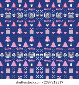christmas cats seamless pattern on blue background