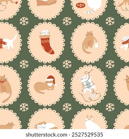 Christmas cats seamless pattern. Vector funny pets on the winter holiday at home, cute kitties. Green New Year time repeat background, wallpaper, package design, wrap paper, textile. Kitty secret life