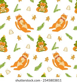 Christmas cats seamless pattern. Vector cartoon design element for printing on fabric, gift wrapping. Winter holidays. Funny hand drawn orange cats eating gingerbread cookies