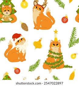 Christmas cats seamless pattern. Vector design element for printing on fabric, gift wrapping. Winter holidays. Funny kittens wearing Santa hat, playing with tinsel, eating gingerbread cookies