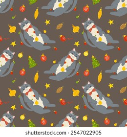 Christmas cats seamless pattern. Vector cartoon design element for printing on fabric, gift wrapping. Winter holidays. Funny kitten play with Christmas tree decorations