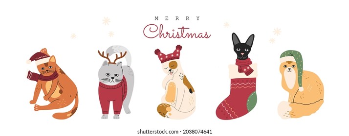 Christmas cats set, collection of funny cute kitty in hats, sweater and scarfs. Grey kitten with deer horns. Hand drawn vector illustration, template for banner or card isolated on white background