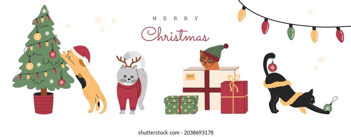 Christmas cats set, collection of funny cute kitty in hats and sweaters. Kitten in gift box with presents and fir-tree. Hand drawn vector illustration, banner or card isolated on white background
