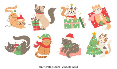 Christmas cats set. Cute funny feline characters for Christmas designs. Vector illustration in flat style