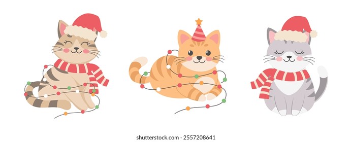 Christmas cats set. Cute kittens in Santa hat with lights. Holiday illustration	