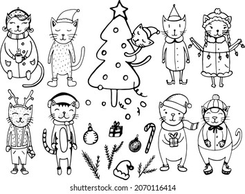 Christmas Cats Set. Happy New Year Of The Tiger Clipart  Winter Characters For Cards, Design. Christmas Tree, Garlands, Santa Hat. Cat In The Tree. Lollipop. Present 2022. Headphones And Cat, Antler