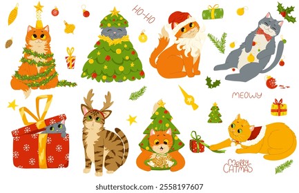 	
Christmas cats set. Kittens celebrating New Year’s holidays. Vector doodle cartoon illustration of cute pets wearing costumes, playing with Christmas ornaments. Isolated print for stickers and decor