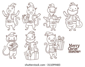 Christmas cats set, line art, vector