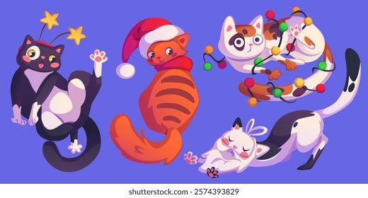 Christmas cats set with playful holiday characters. Cartoon pets - black kitten with stars on head, ginger pet in Santa hat, white spotted feline tangled in garland, stretching kitty with beard.