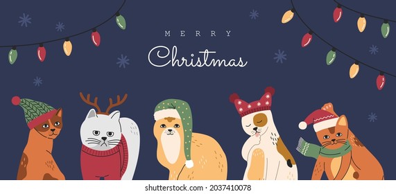 Christmas cats set portraits, collection of funny cute kitty in hats and sweaters. Grey kitten with deer horns. Hand drawn vector illustration, New Year banner or card isolated on blue background