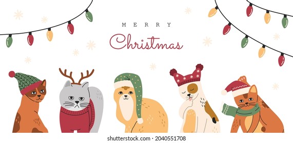 Christmas Cats set portraits, collection of funny cute pets in hats and sweaters. Kitten with deer horns. Hand drawn vector illustration, template for New Year banner or card on white background