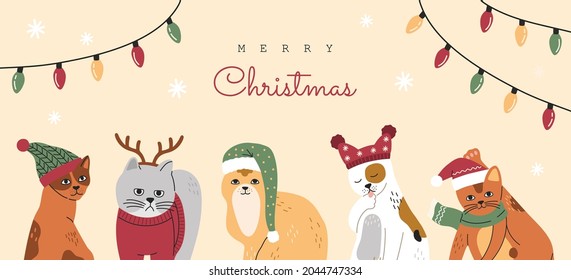 Christmas cats set portraits, collection of happy cute pets in hats, scarfs and sweaters. Hand drawn vector illustration, template for New Year banner or postcards, garlands decor on background