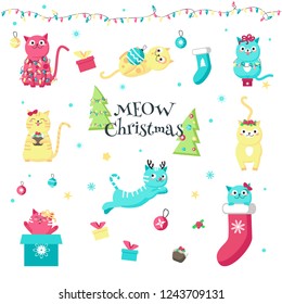 Christmas cats. Vector illustration isolated on white background. Cute kittens with deer antler headband, gifts, holly berries, christmas trees, lights, balls, socks for greeting card, sticker, print.