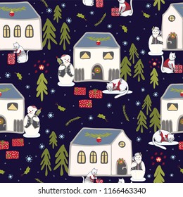 Christmas Cats Village Festive Seamless Vector Pattern, Drawn Present Boxes  Illustration for Winter Fashion Prints, Holiday Stationery, Xmas Tree Decor, Gift Wrap, Cat Lover Backgrounds, Night Yule