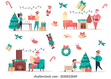 Christmas celebrate isolated elements set. Bundle of people giving gifts, santa by fireplace, dad and daughter decorate tree, festive party. Creator kit for vector illustration in flat cartoon design