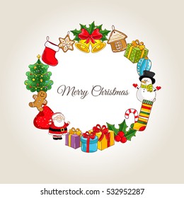Christmas celebrating attributes. Santa, gifts, sweets, xmas tree, bells, holly, snowman, stocking vector illustrations. Merry Christmas and Happy New Year concept for greeting cart, party invitation