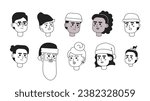 Christmas celebrating black and white 2D vector avatar illustration bundle. Festive xmas men, women outline cartoon character faces isolated. Diversity flat user profile image collection, portraits