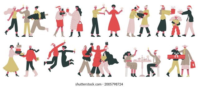 Christmas celebrating characters. Cartoon people celebrate Christmas, holiday shopping family party vector illustration. Xmas holiday preparation. Christmas party festive, congratulation and greeting
