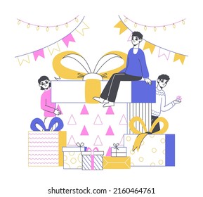 Christmas celebrating, characters give and receive gifts. People with gifts stack, winter holidays characters surprise each other with gifts vector illustration. Xmas present boxes concept