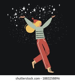 Christmas celebrating vector card with young woman, girl in Santa hat in the night with shining stars in black sky catching stars. Girl and New year night sky.