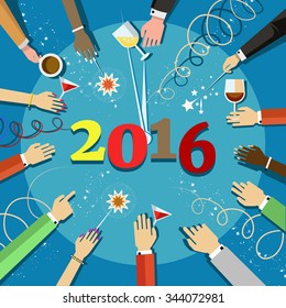 Christmas celebration 2016 with people hands and a glasses in their hands, top view. People of different nationalities celebrate the New Year, holiday attributes,Vector flat illustration.
