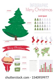 Christmas Celebration Analysis Cartoon Vector Business Infographics Banner or Poster Template with Statistics Diagrams, Data Graphs and Christmas Tree, Wold Map, Santa Claus Character Illustrations