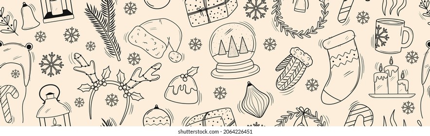 Christmas celebration background with doodle elements: sock, gift, deer antlers, candles, sweater, hat, wreath, decor. Winter sketch seamless pattern of cozy home objects. Hand drawn banner